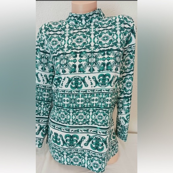 NWOT Geometric design green & white abstract tunic by H&M. Mandarin collar L/S. - Picture 1 of 11